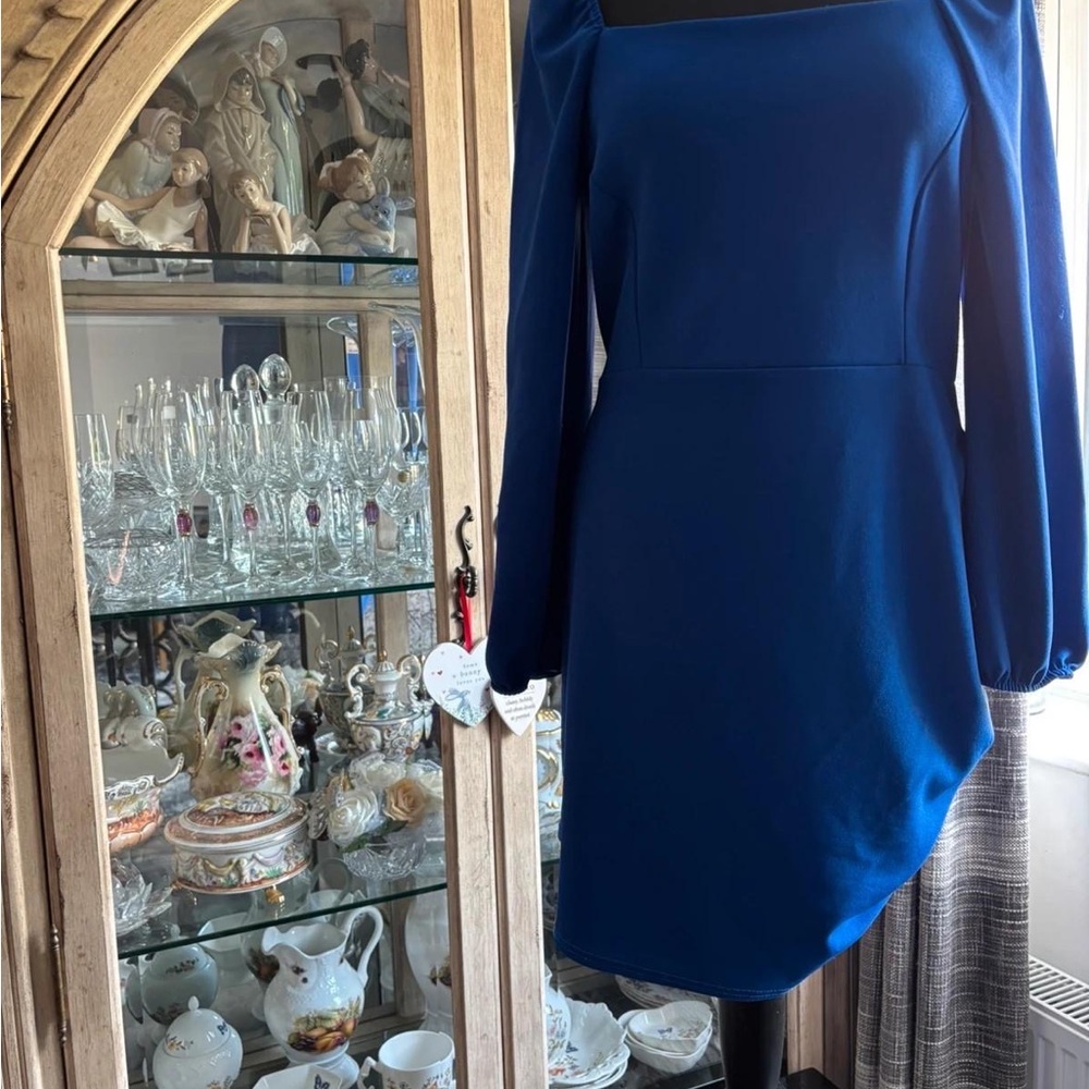 Asymmetrical Blue Sheath Dress with Bishop Sleeves
